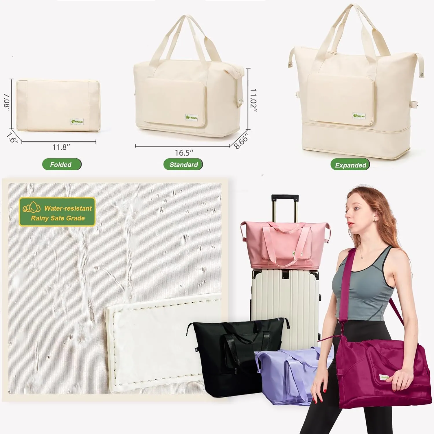 Foldable Travel Duffel Bag for Women, Water Resistant Personal Item/Carry Bag, Overnight Weekender Bag with Wet Compartment