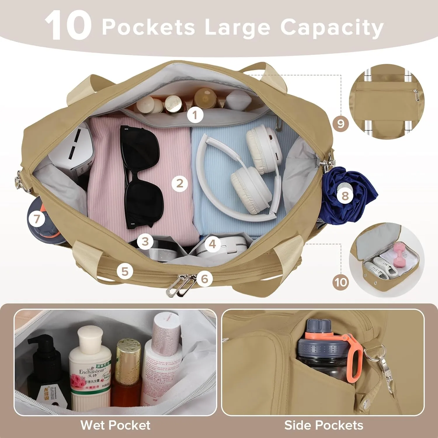 Foldable Travel Duffel Bag for Women, Water Resistant Personal Item/Carry Bag, Overnight Weekender Bag with Wet Compartment