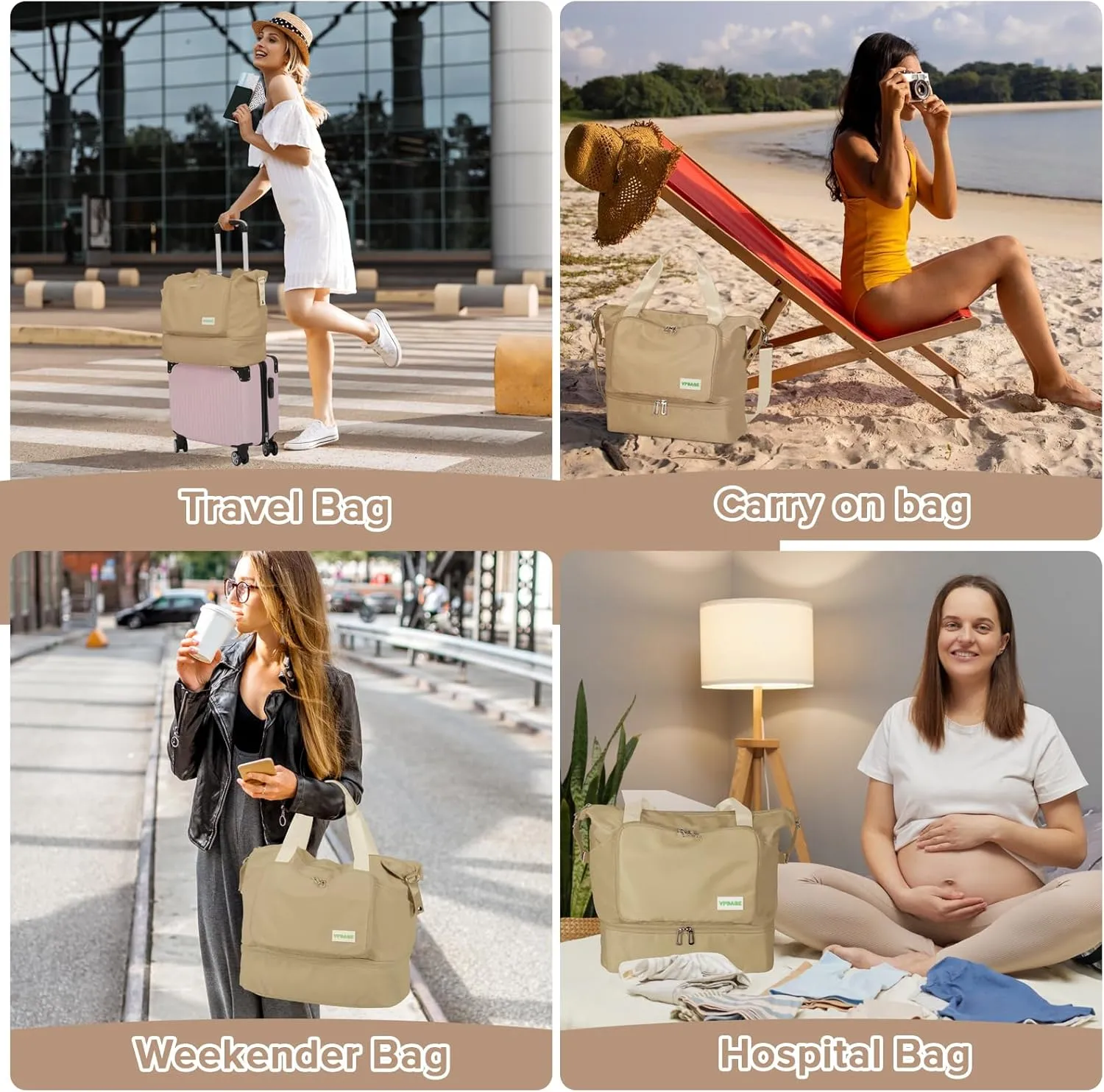 Foldable Travel Duffel Bag for Women, Water Resistant Personal Item/Carry Bag, Overnight Weekender Bag with Wet Compartment