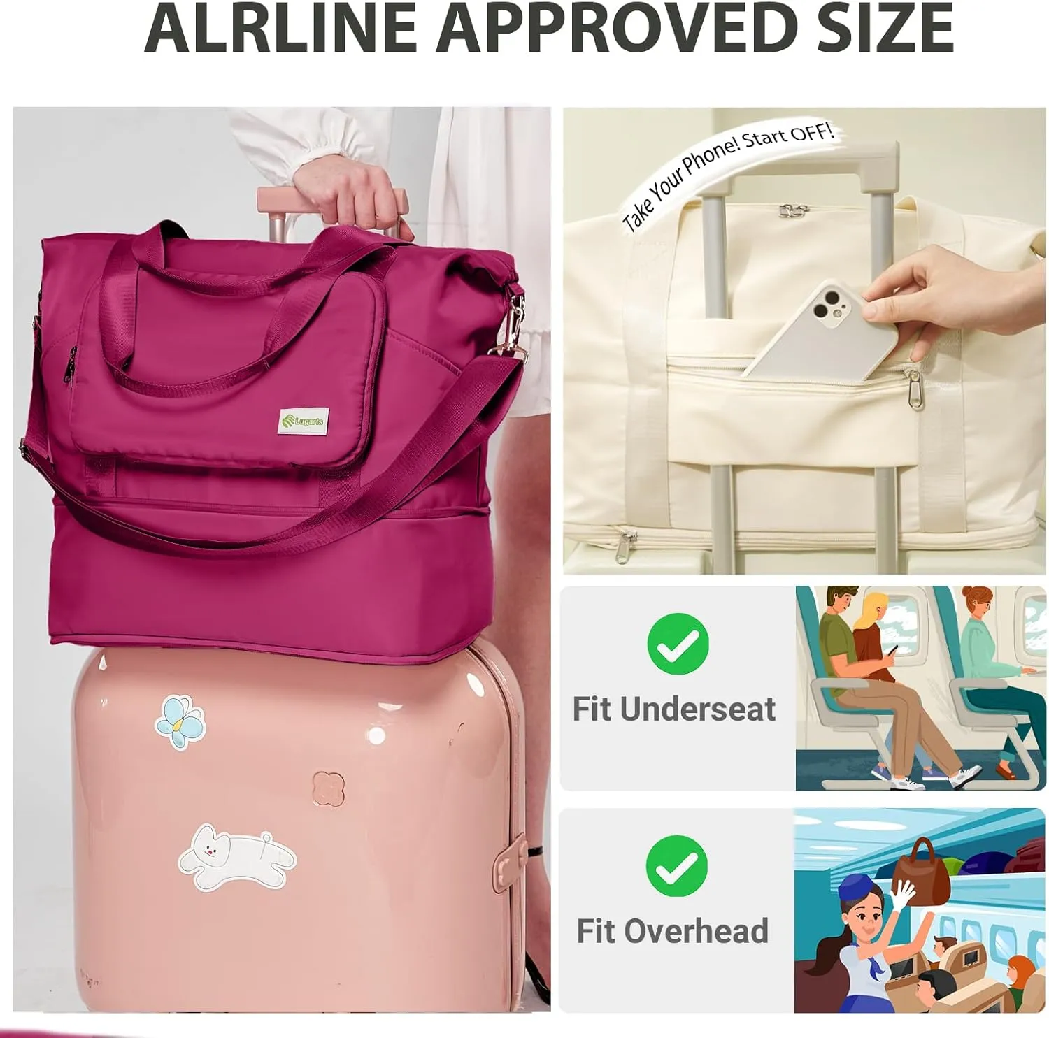 Foldable Travel Duffel Bag for Women, Water Resistant Personal Item/Carry Bag, Overnight Weekender Bag with Wet Compartment
