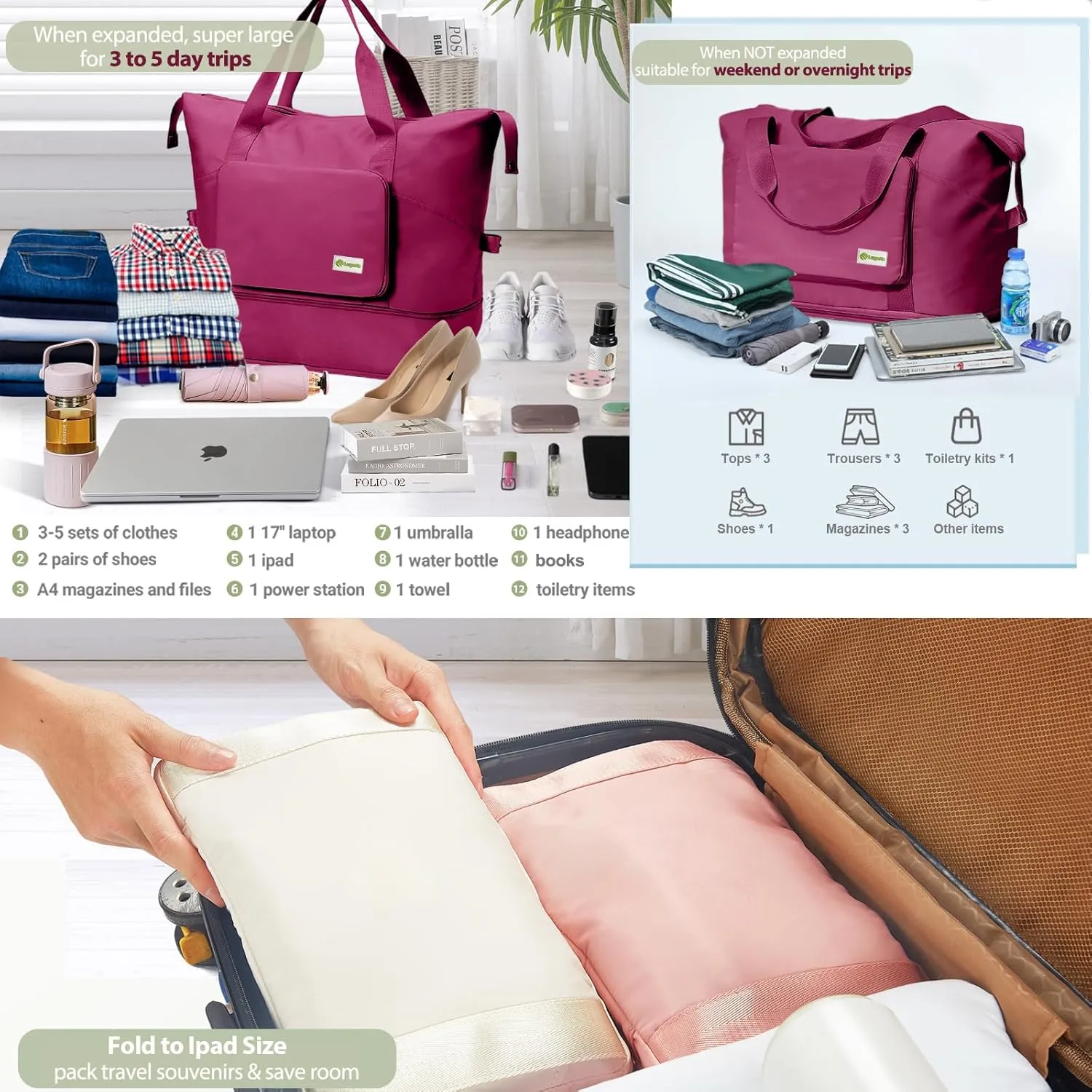 Foldable Travel Duffel Bag for Women, Water Resistant Personal Item/Carry Bag, Overnight Weekender Bag with Wet Compartment