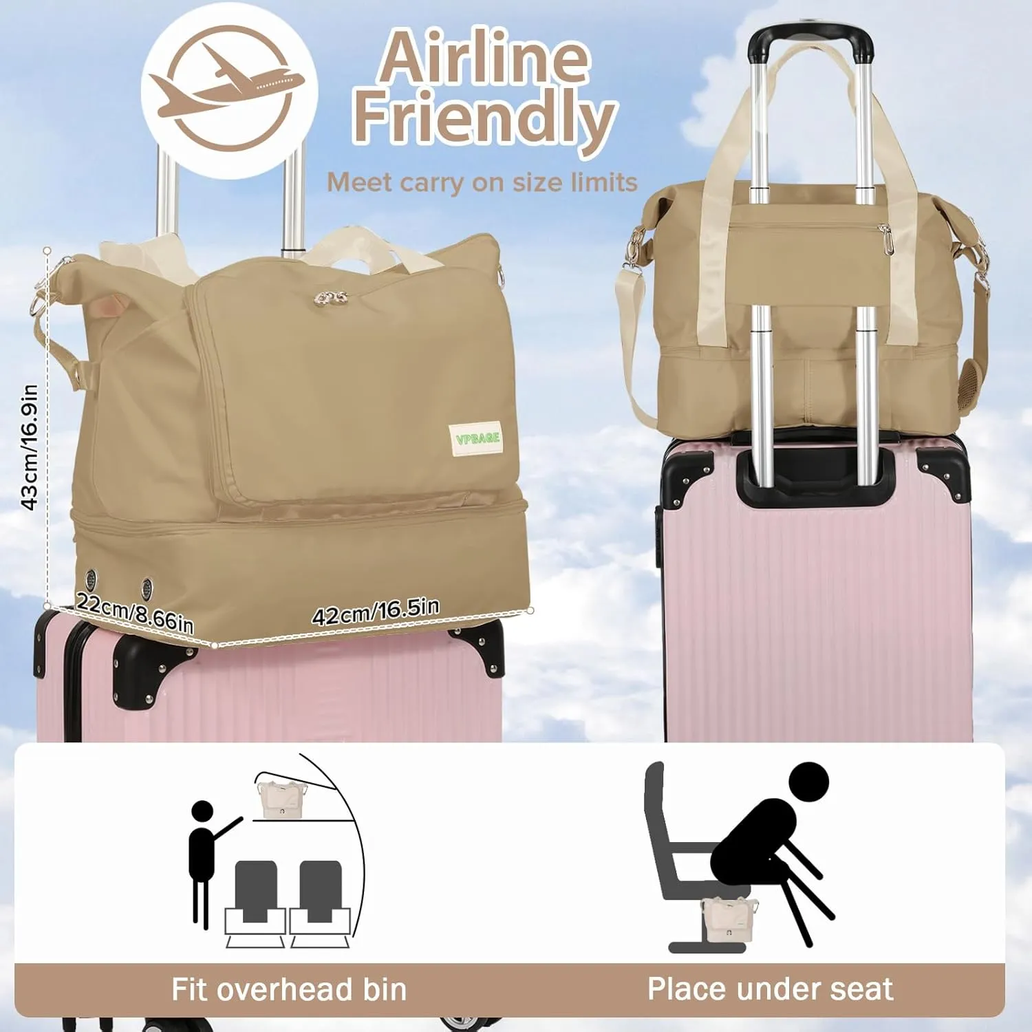 Foldable Travel Duffel Bag for Women, Water Resistant Personal Item/Carry Bag, Overnight Weekender Bag with Wet Compartment