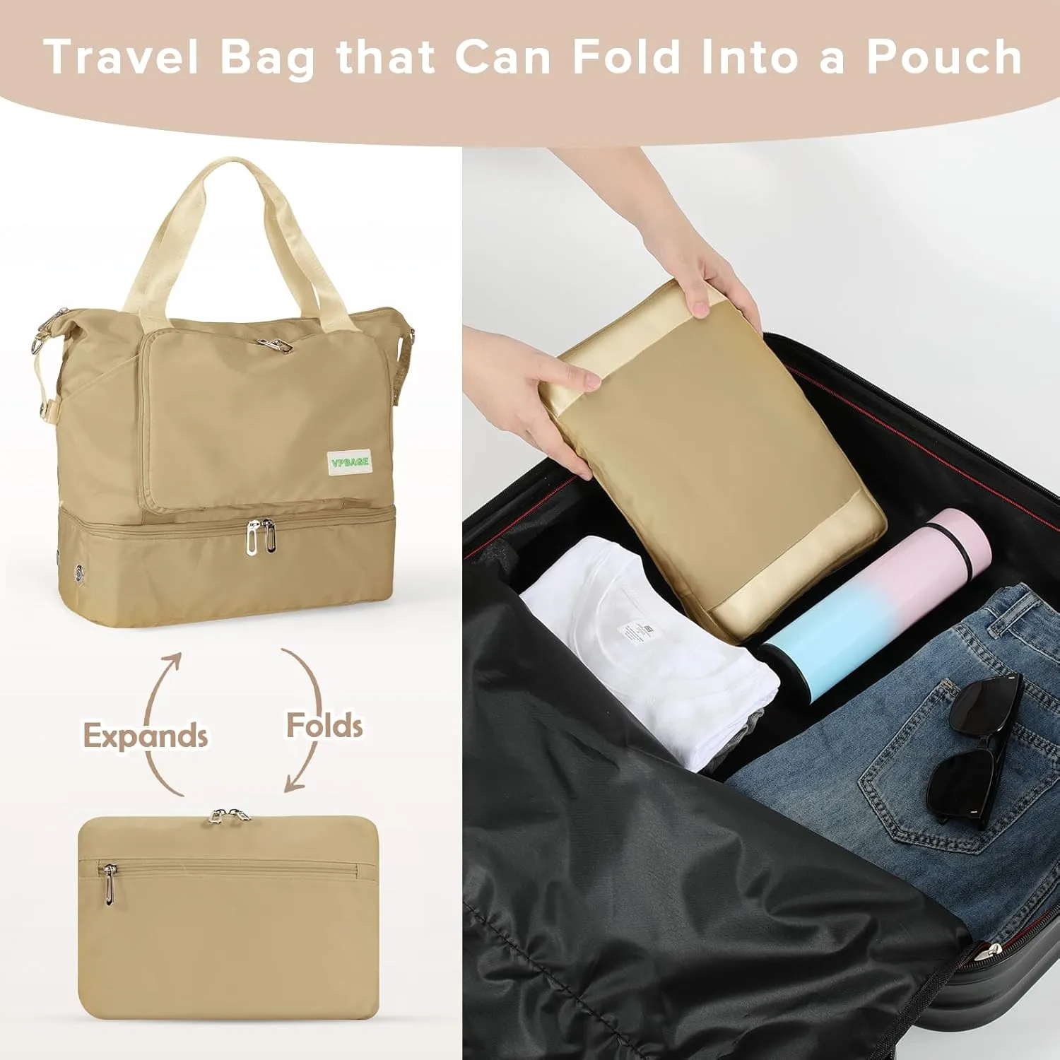 Foldable Travel Duffel Bag for Women, Water Resistant Personal Item/Carry Bag, Overnight Weekender Bag with Wet Compartment