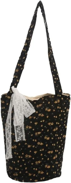 French Floral Pattern Canvas Shoulder Bag with Spacious Interior Women Large Capacity Bucket Handbag with Lace Bows