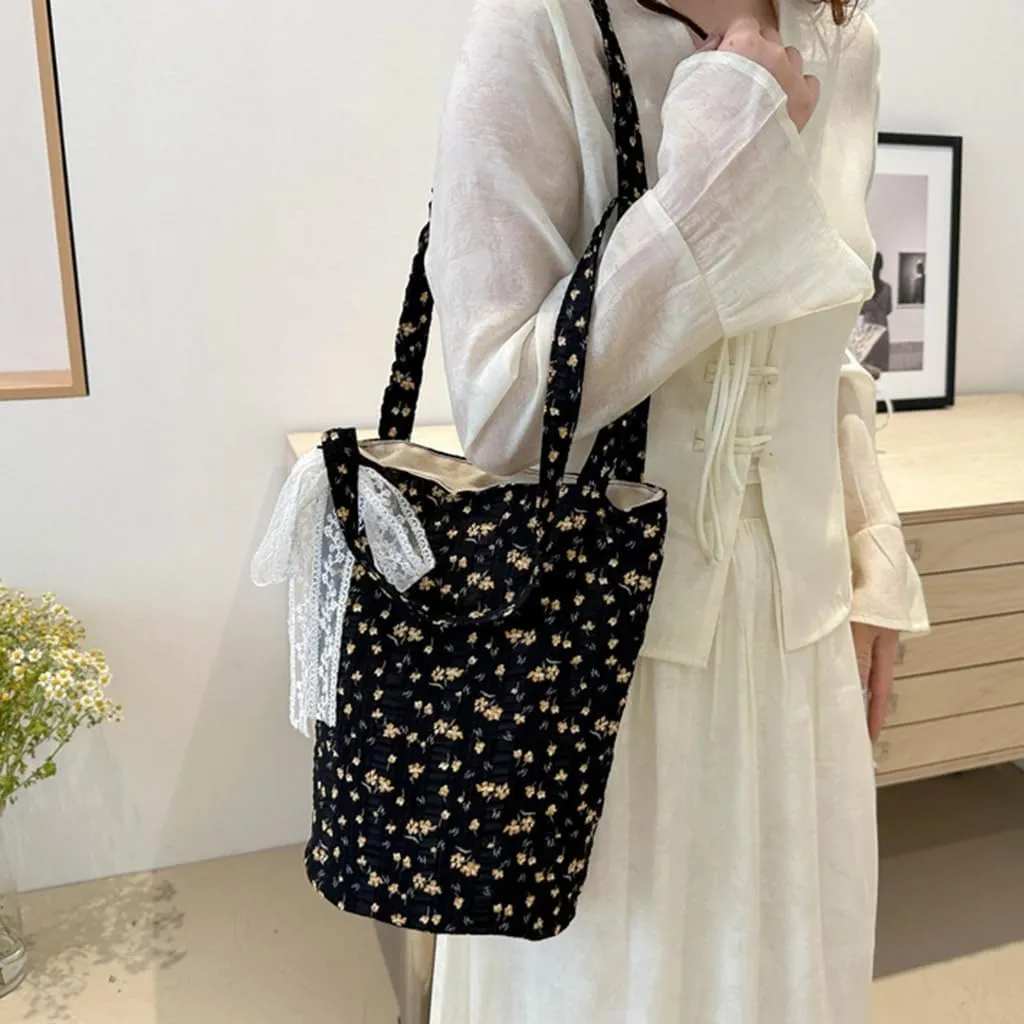 French Floral Pattern Canvas Shoulder Bag with Spacious Interior Women Large Capacity Bucket Handbag with Lace Bows