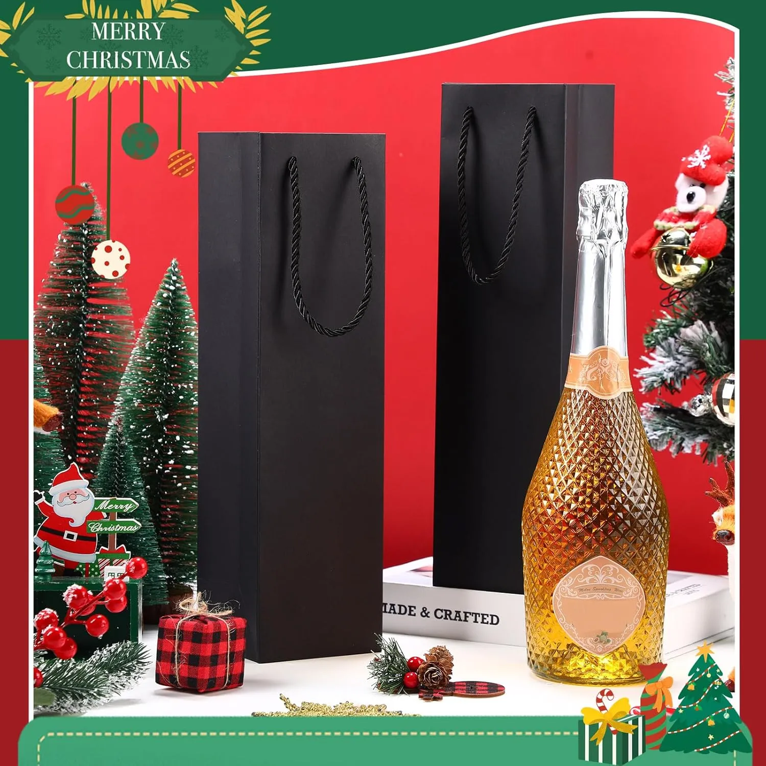Fulmoon 80 Pack Wine Gift Bag Bulk Wine Bottle Gift Bags Liquor Bottle Handbags Reusable Paper Handbags with Handles for Shopping Wedding Party Birthday 3.7 x 3.5 x 14 Inch(Black)
