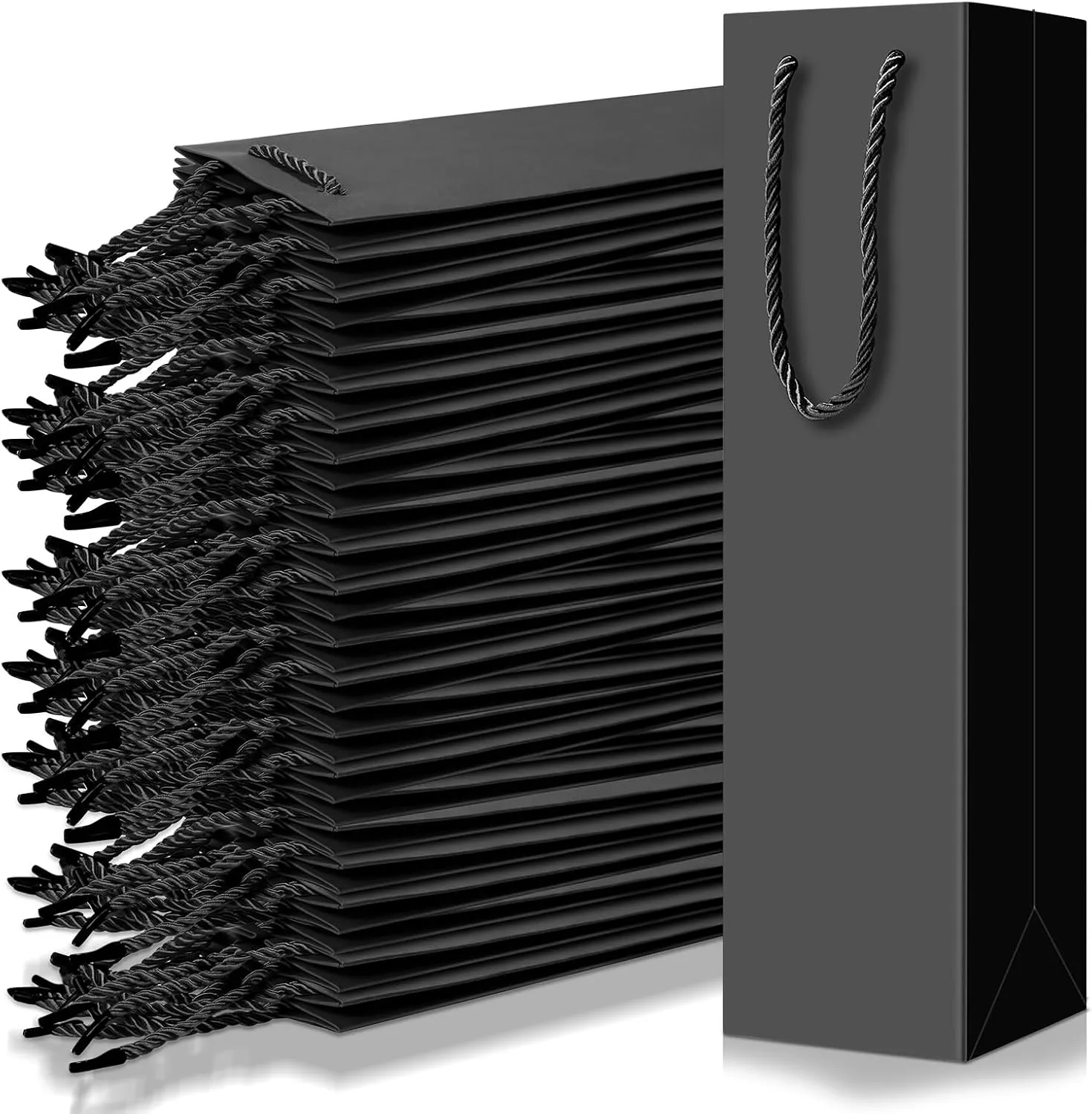 Fulmoon 80 Pack Wine Gift Bag Bulk Wine Bottle Gift Bags Liquor Bottle Handbags Reusable Paper Handbags with Handles for Shopping Wedding Party Birthday 3.7 x 3.5 x 14 Inch(Black)