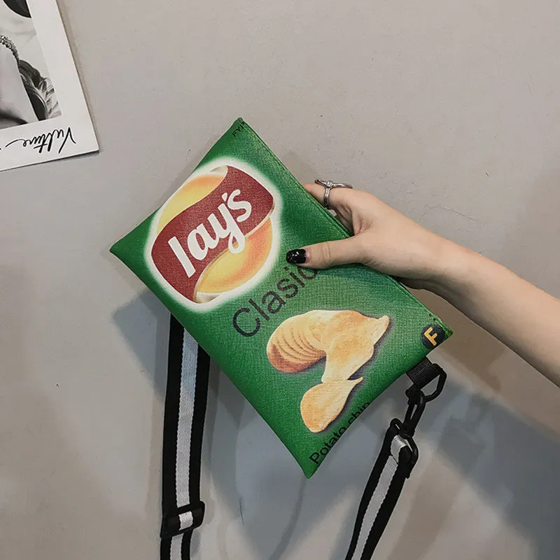 Funny Potato Chips Crossbody Handbag Women Canvas Shoulder Bag Mini Cartoon Printing Girl Envelope Bags Female Clutch Cute Purse