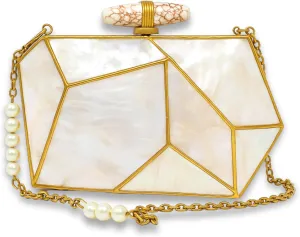 Geometric Mother of Pearl Clutch with Gemstone Clasp – Handcrafted Evening Bag with Pearl Sling Chain for Women, 20cm