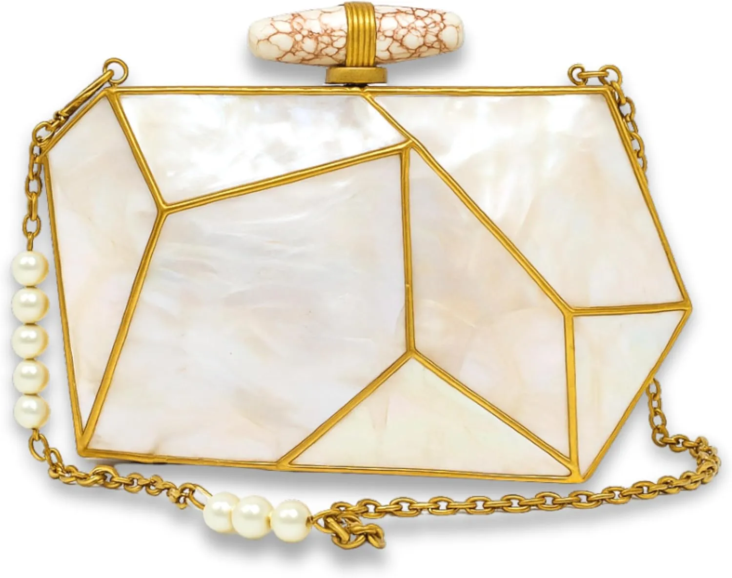 Geometric Mother of Pearl Clutch with Gemstone Clasp – Handcrafted Evening Bag with Pearl Sling Chain for Women, 20cm