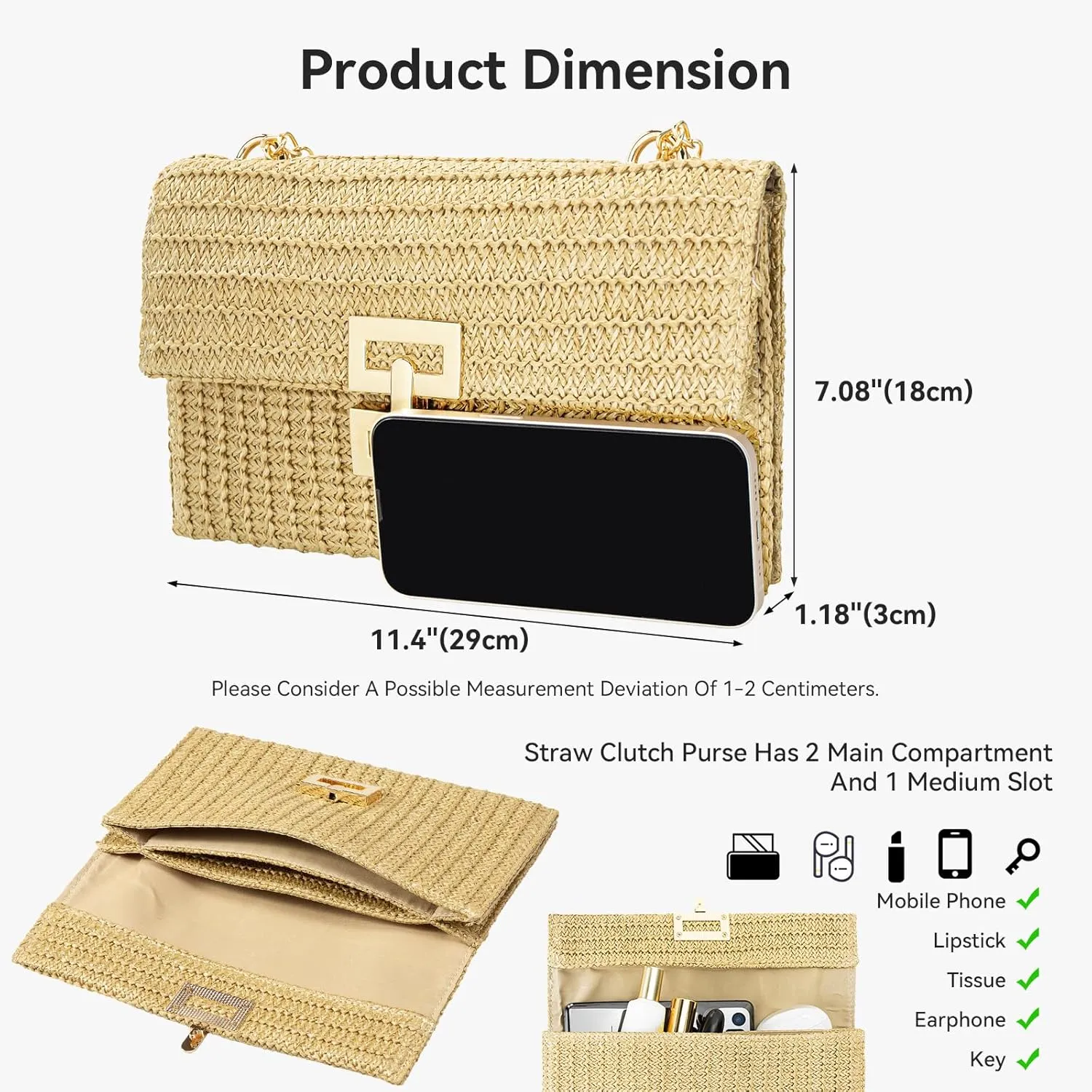 Gets Straw Clutch, Straw Clutch Women Hand-woven for Summer Beach Envelope Clutch Purse Wallet
