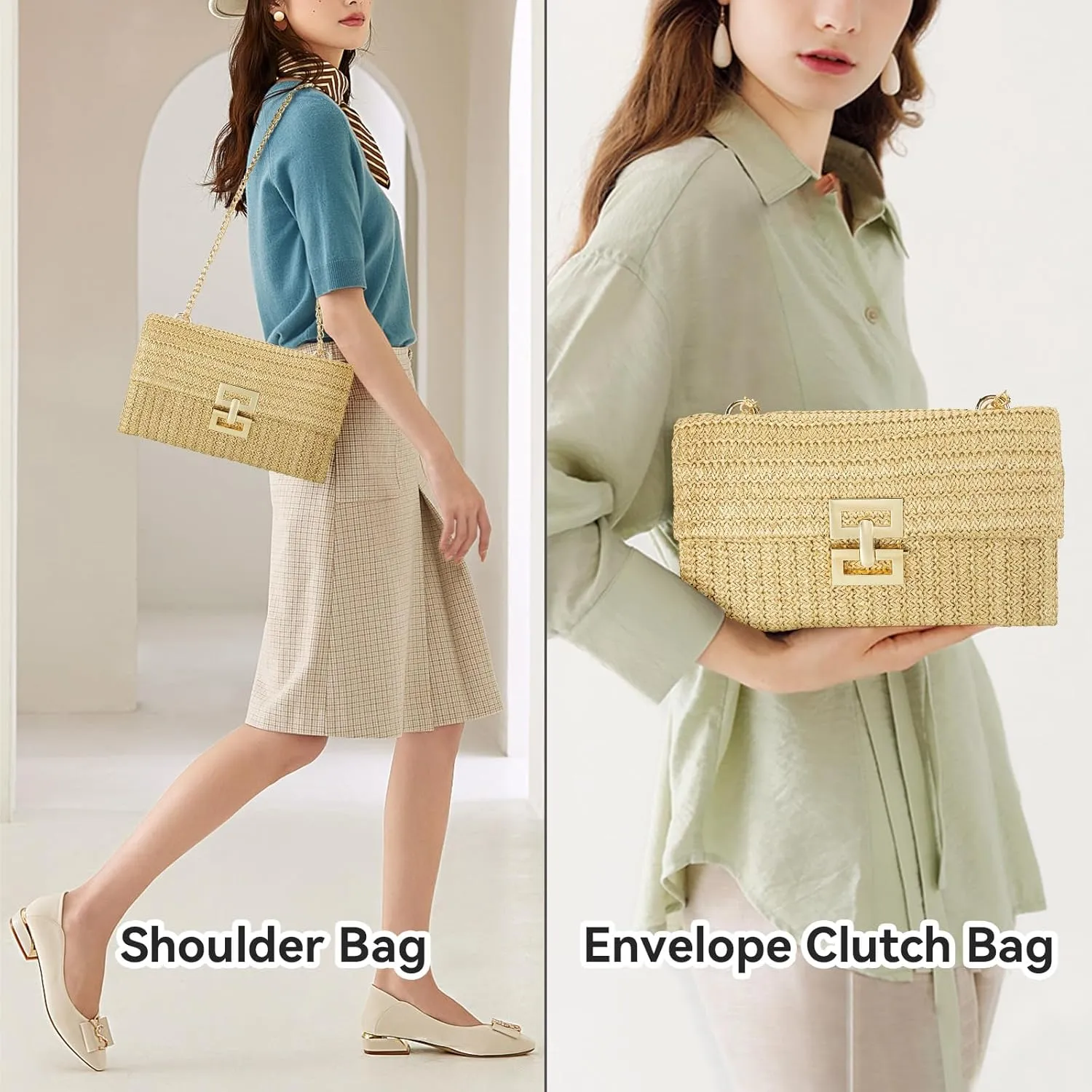Gets Straw Clutch, Straw Clutch Women Hand-woven for Summer Beach Envelope Clutch Purse Wallet