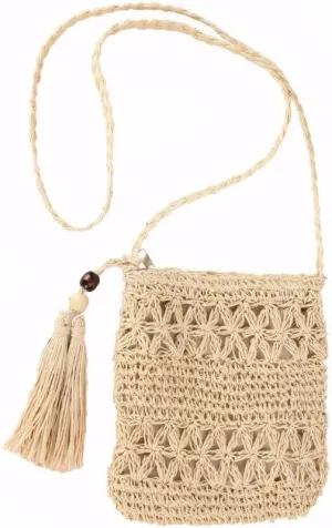 Gogobear Women's Straw Beach Bag Handmade Woven Crossbody Purse with Tassels Summer Vacation Shoulder Handbag