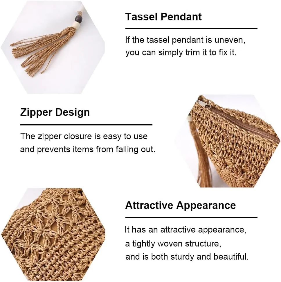 Gogobear Women's Straw Beach Bag Handmade Woven Crossbody Purse with Tassels Summer Vacation Shoulder Handbag