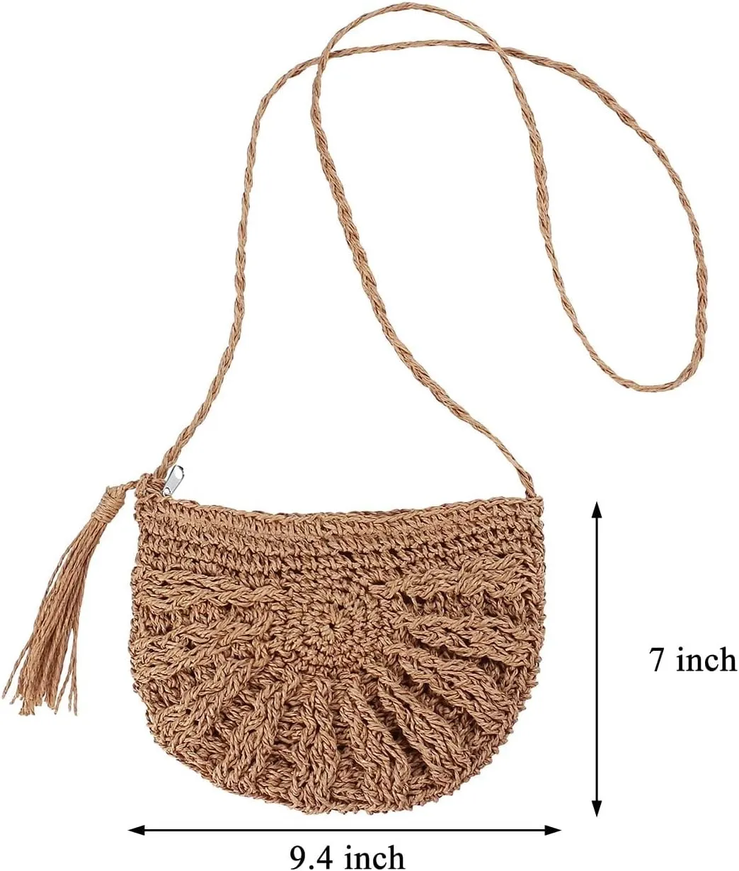 Gogobear Women's Straw Beach Bag Handmade Woven Crossbody Purse with Tassels Summer Vacation Shoulder Handbag