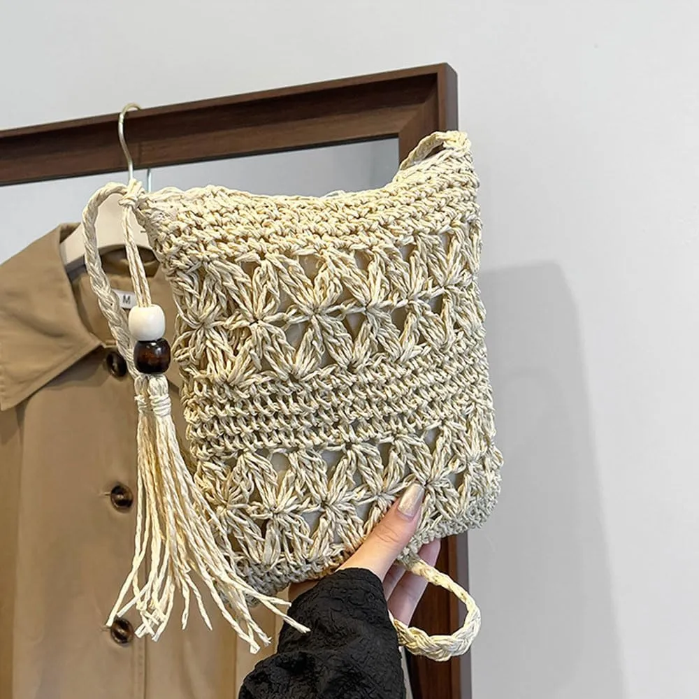 Gogobear Women's Straw Beach Bag Handmade Woven Crossbody Purse with Tassels Summer Vacation Shoulder Handbag