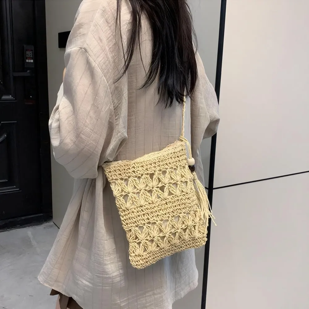 Gogobear Women's Straw Beach Bag Handmade Woven Crossbody Purse with Tassels Summer Vacation Shoulder Handbag