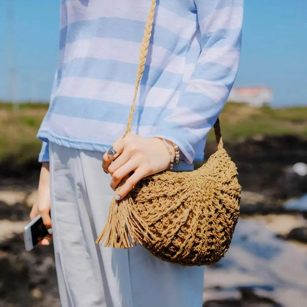 Gogobear Women's Straw Beach Bag Handmade Woven Crossbody Purse with Tassels Summer Vacation Shoulder Handbag