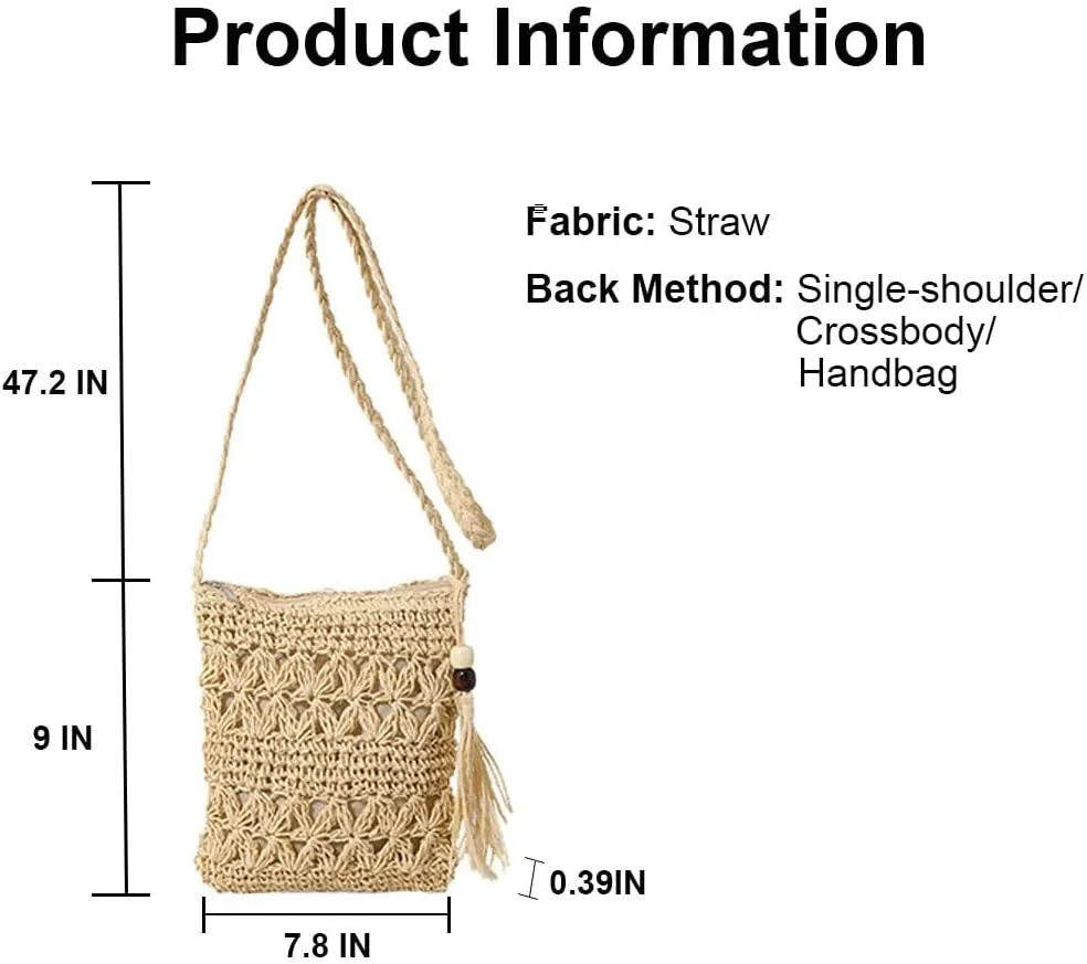 Gogobear Women's Straw Beach Bag Handmade Woven Crossbody Purse with Tassels Summer Vacation Shoulder Handbag