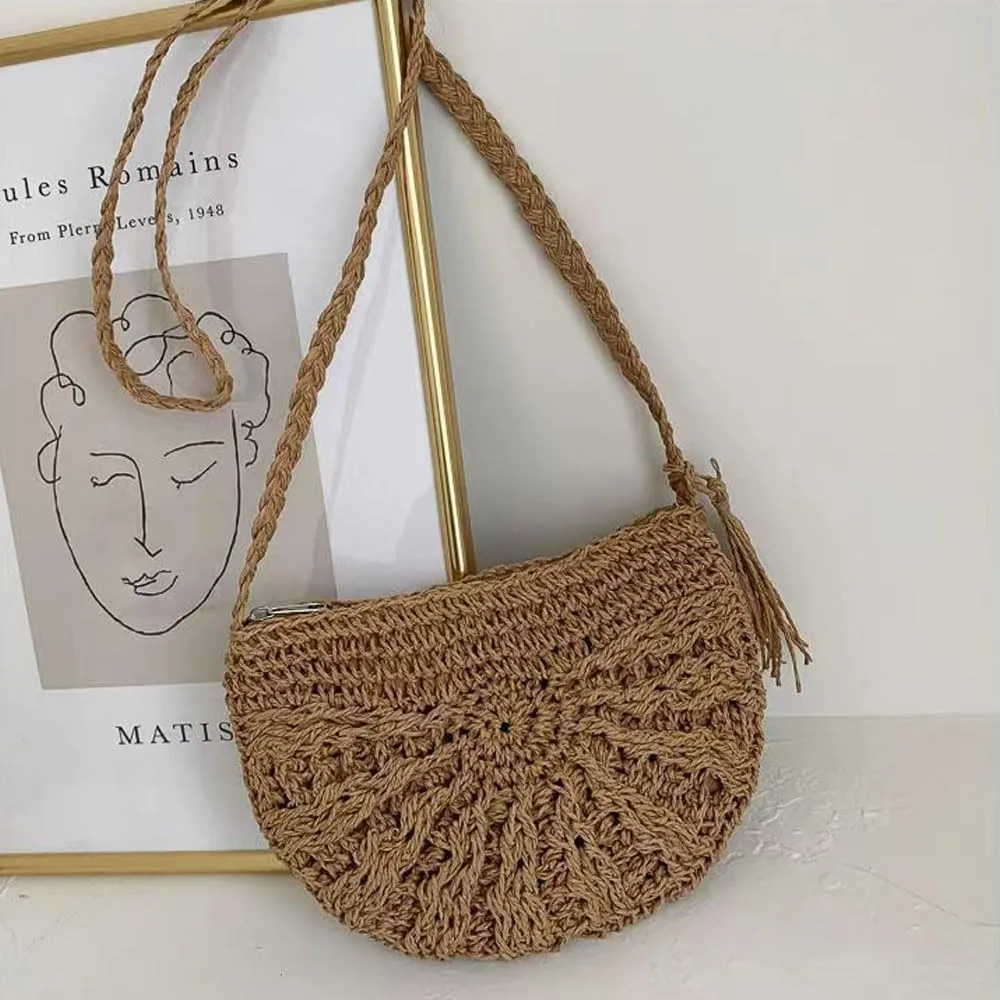 Gogobear Women's Straw Beach Bag Handmade Woven Crossbody Purse with Tassels Summer Vacation Shoulder Handbag