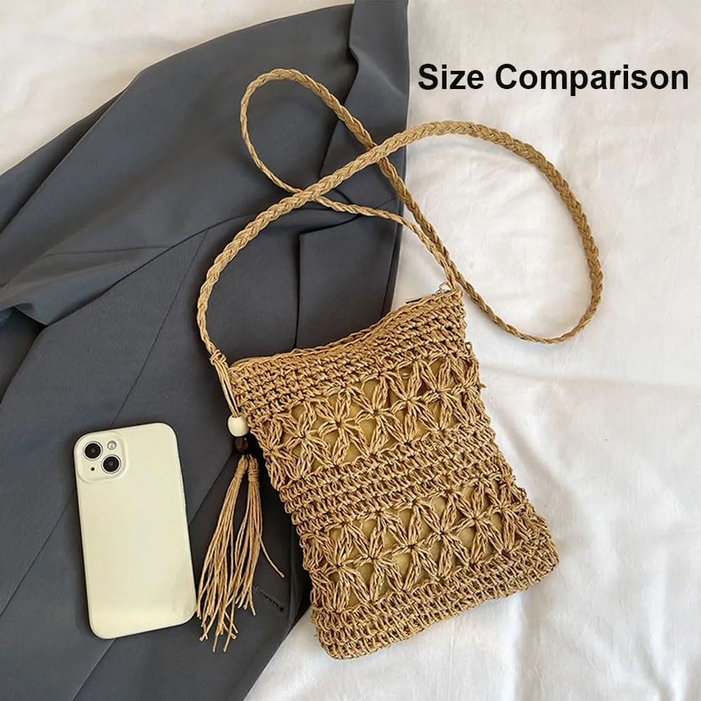 Gogobear Women's Straw Beach Bag Handmade Woven Crossbody Purse with Tassels Summer Vacation Shoulder Handbag