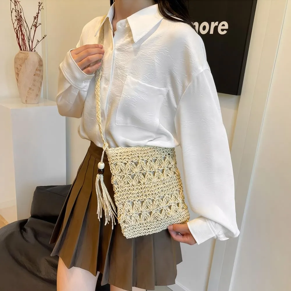 Gogobear Women's Straw Beach Bag Handmade Woven Crossbody Purse with Tassels Summer Vacation Shoulder Handbag