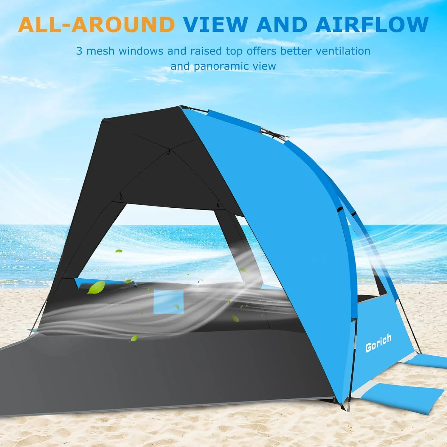 Gorich Portable Beach Tent for 3-7 Person with UPF 50  UV Protection, Lightweight & Foldable Sun Shelter with 5 Sand Bags, Easy Setup Windproof Beach Umbrella Sun Shade