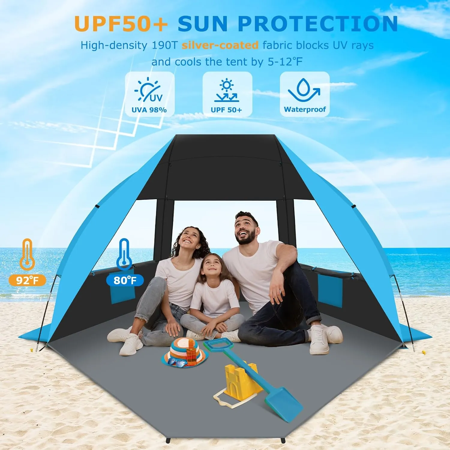 Gorich Portable Beach Tent for 3-7 Person with UPF 50  UV Protection, Lightweight & Foldable Sun Shelter with 5 Sand Bags, Easy Setup Windproof Beach Umbrella Sun Shade