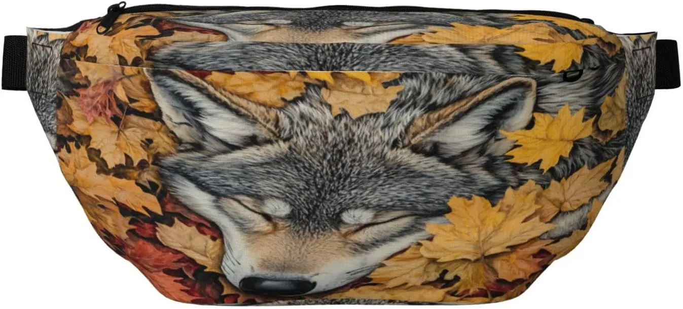 Gray Wolf Sleeping In Autumn Leaves Fanny Pack For Women Man, Waist Belt Bag Crossbody For Sports Travel Hiking Running Jogging