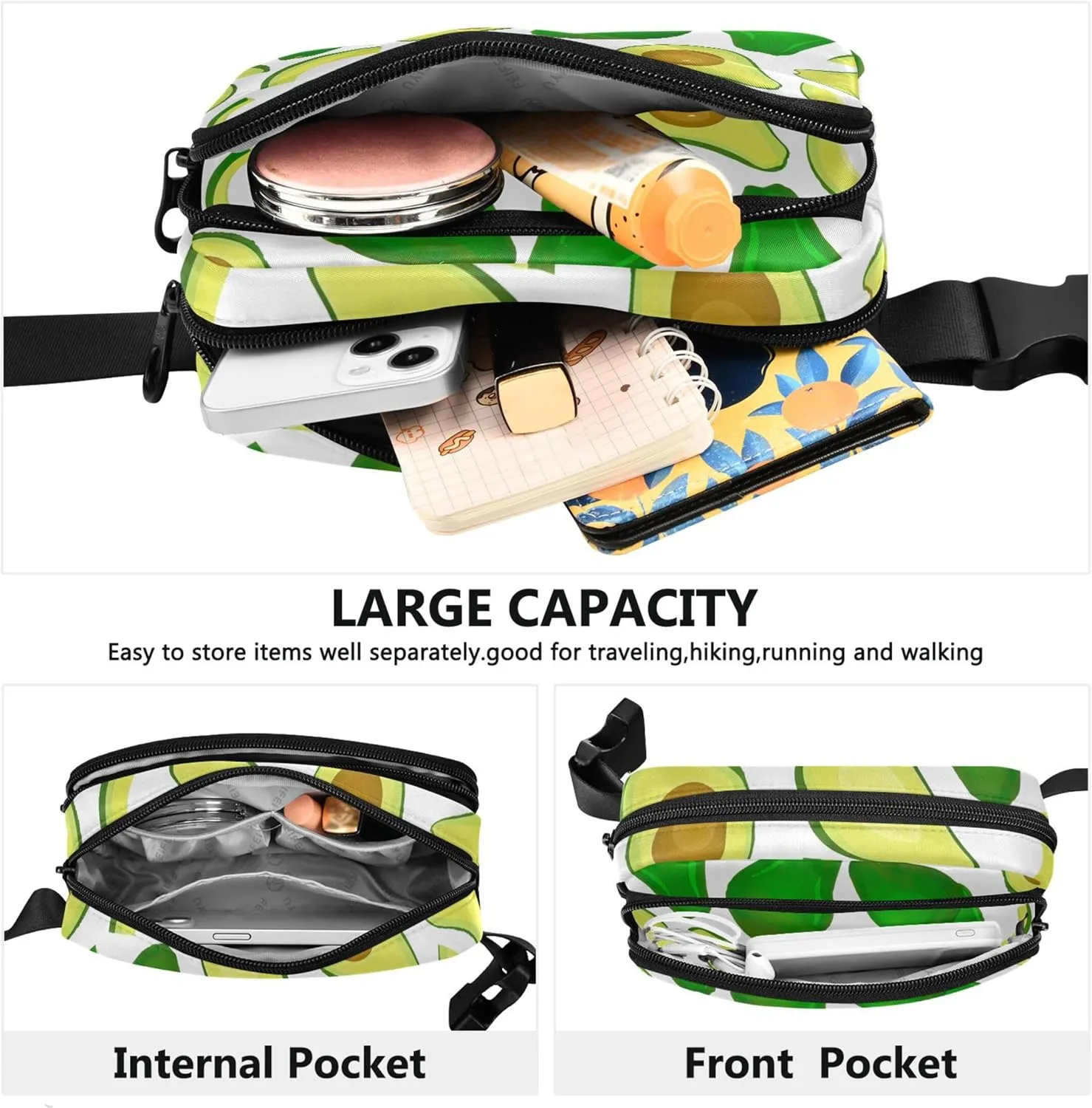 Green Avocado White Womens Fanny Pack Belt Bag Hip Pouch Waterproof Colorful Waist Pack for Women