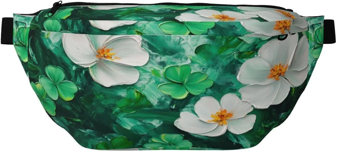 Green Clovers And White Flowers Fanny Pack For Women Man, Waist Belt Bag Crossbody For Sports Travel Hiking Running Jogging