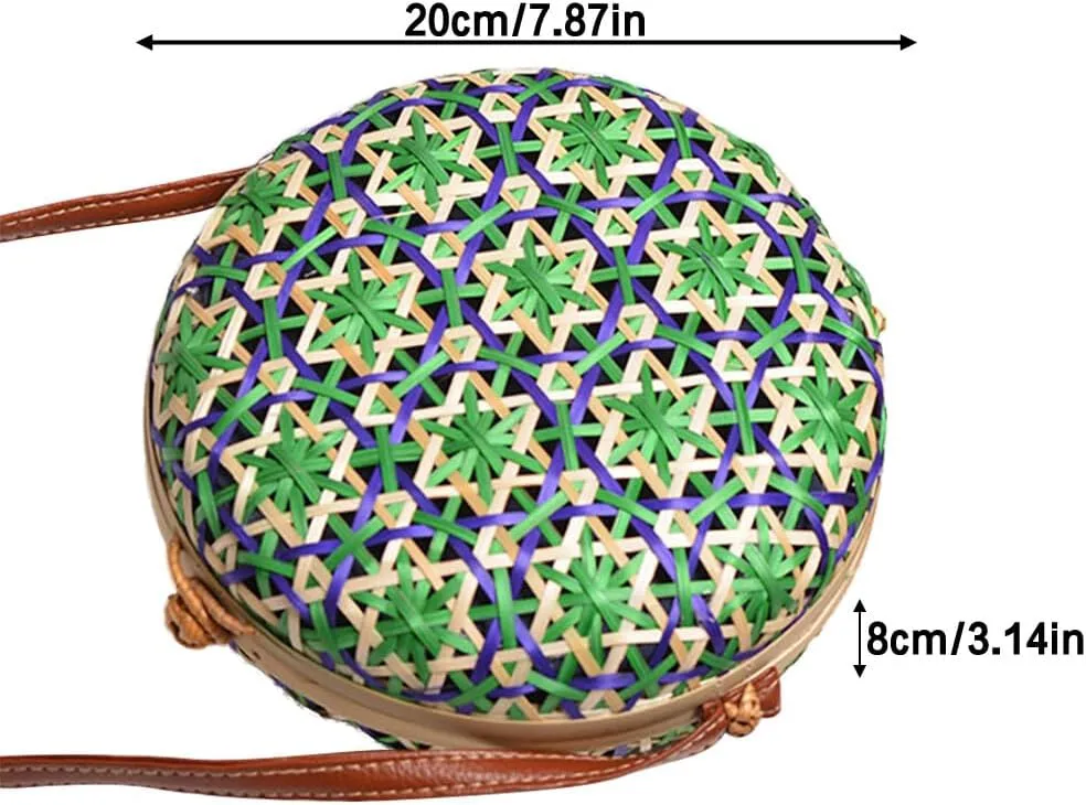 Green Round Rattan Bag Wood Woven Straw Bag with PU Strap Handwoven for Women Girl Travel Beach Fashion Bohemian Shoulder Purse