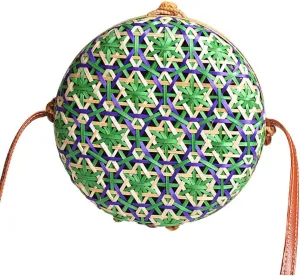 Green Round Rattan Bag Wood Woven Straw Bag with PU Strap Handwoven for Women Girl Travel Beach Fashion Bohemian Shoulder Purse