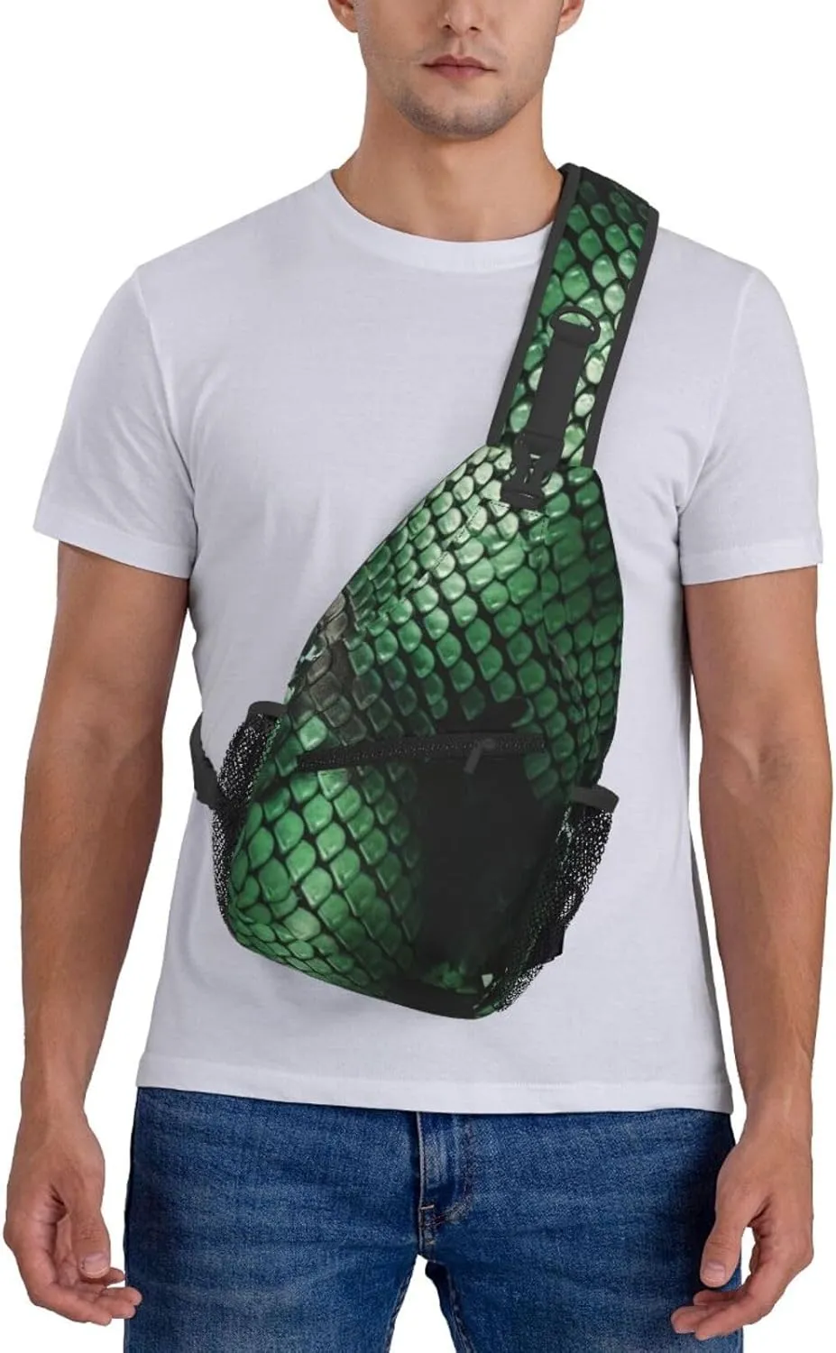 Green Snakeskin Sling Bag Backpack For Men Cross Chest Bag Crossbody Shoulder Bag Travel Hiking Daypack