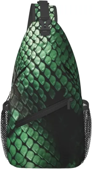 Green Snakeskin Sling Bag Backpack For Men Cross Chest Bag Crossbody Shoulder Bag Travel Hiking Daypack