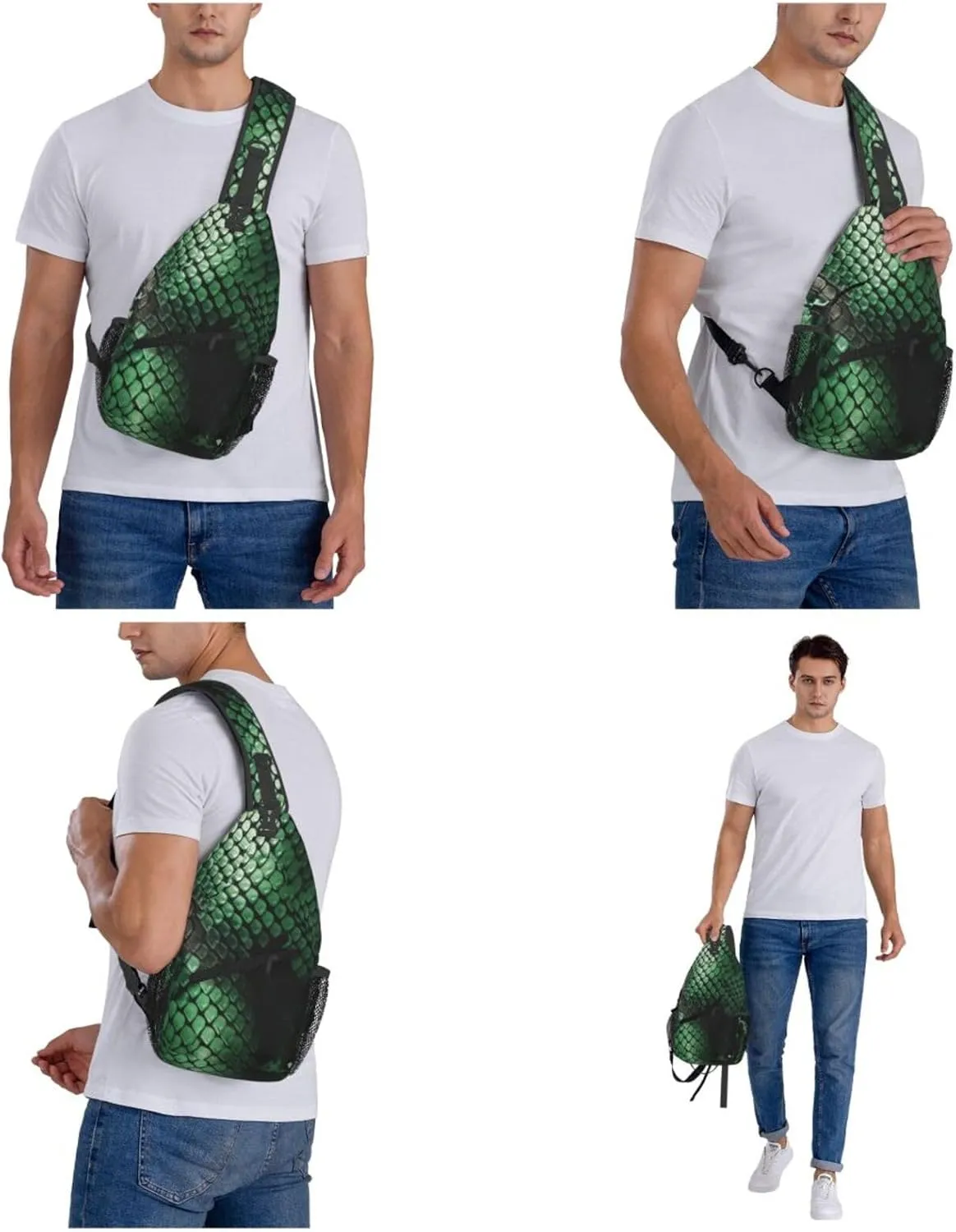 Green Snakeskin Sling Bag Backpack For Men Cross Chest Bag Crossbody Shoulder Bag Travel Hiking Daypack