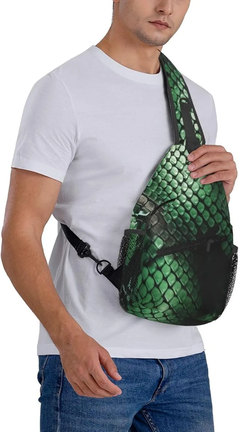 Green Snakeskin Sling Bag Backpack For Men Cross Chest Bag Crossbody Shoulder Bag Travel Hiking Daypack