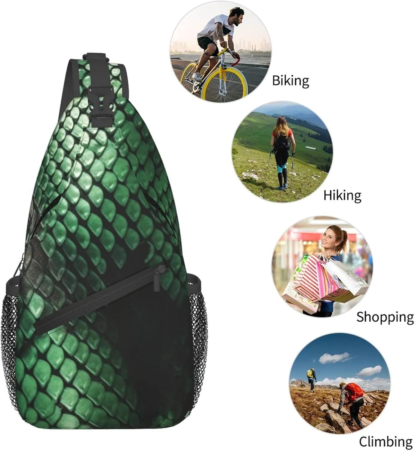 Green Snakeskin Sling Bag Backpack For Men Cross Chest Bag Crossbody Shoulder Bag Travel Hiking Daypack