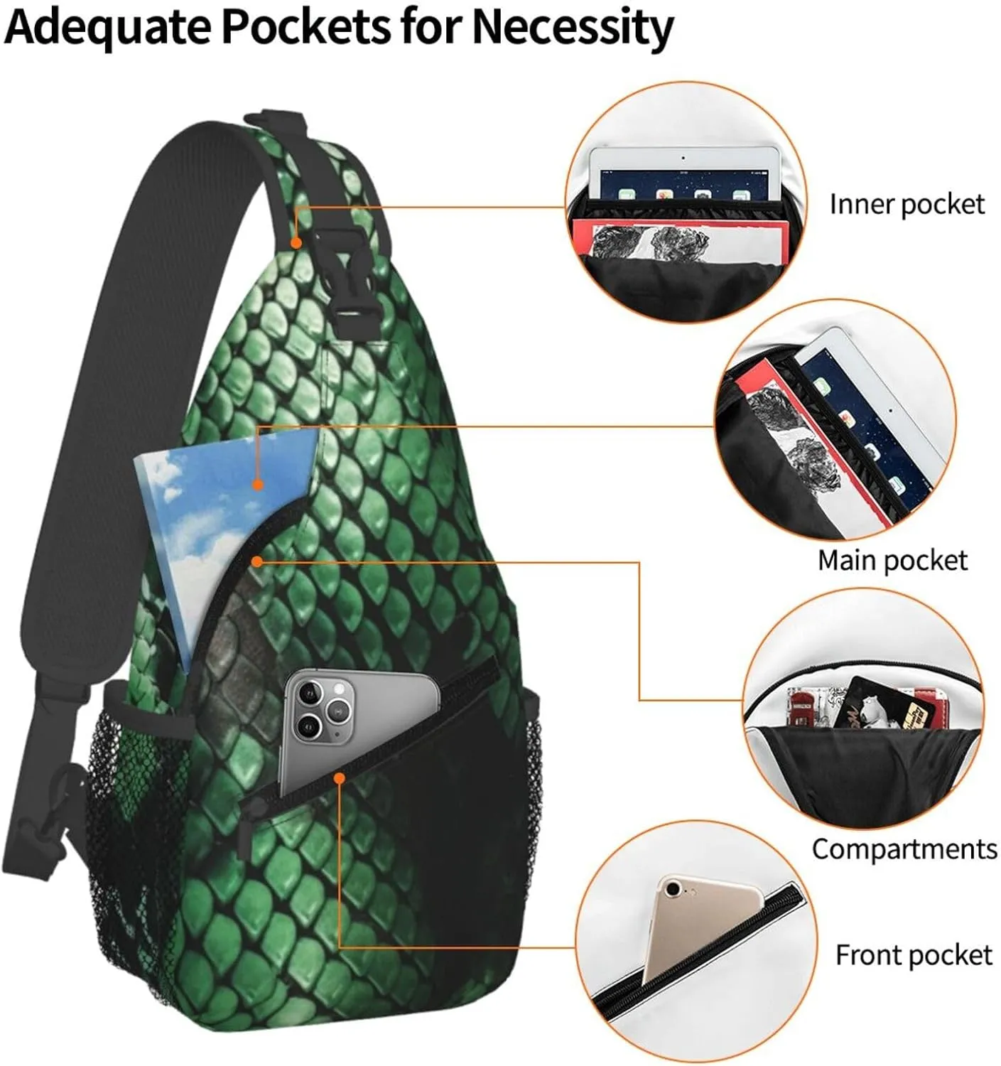 Green Snakeskin Sling Bag Backpack For Men Cross Chest Bag Crossbody Shoulder Bag Travel Hiking Daypack