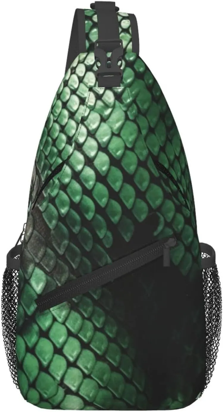 Green Snakeskin Sling Bag Backpack For Men Cross Chest Bag Crossbody Shoulder Bag Travel Hiking Daypack