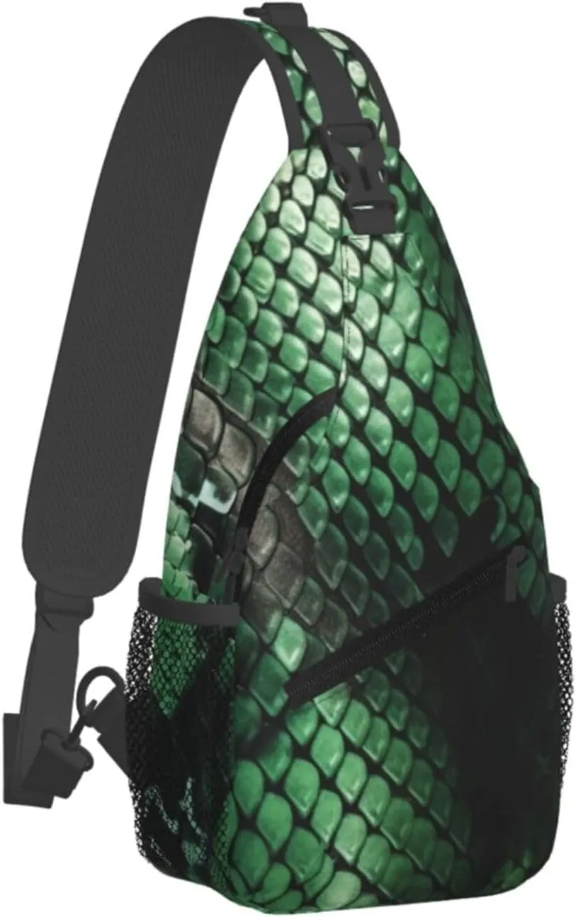 Green Snakeskin Sling Bag Backpack For Men Cross Chest Bag Crossbody Shoulder Bag Travel Hiking Daypack