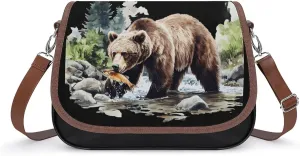 Grizzly Bear And Fish Crossbody Bags for Women Shoulder Bag Flap Handbags Leather Cross Body Purse