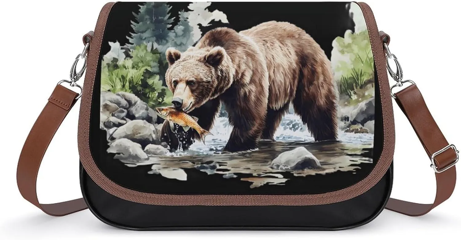 Grizzly Bear And Fish Crossbody Bags for Women Shoulder Bag Flap Handbags Leather Cross Body Purse