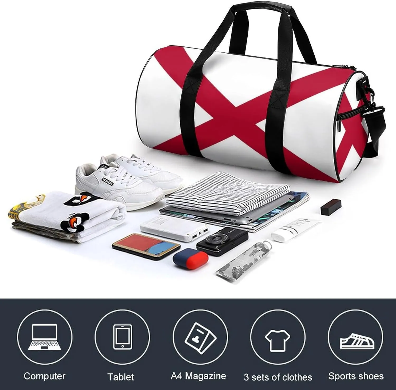Gym Bag for Men Women Lightweight Sports Duffle Bag with Multiple Compartments Cylindrical Gym Bag for Fitness Travel And Outdoor Activities Ater Resistant Yoga Bag Training Bag Alabama Cross