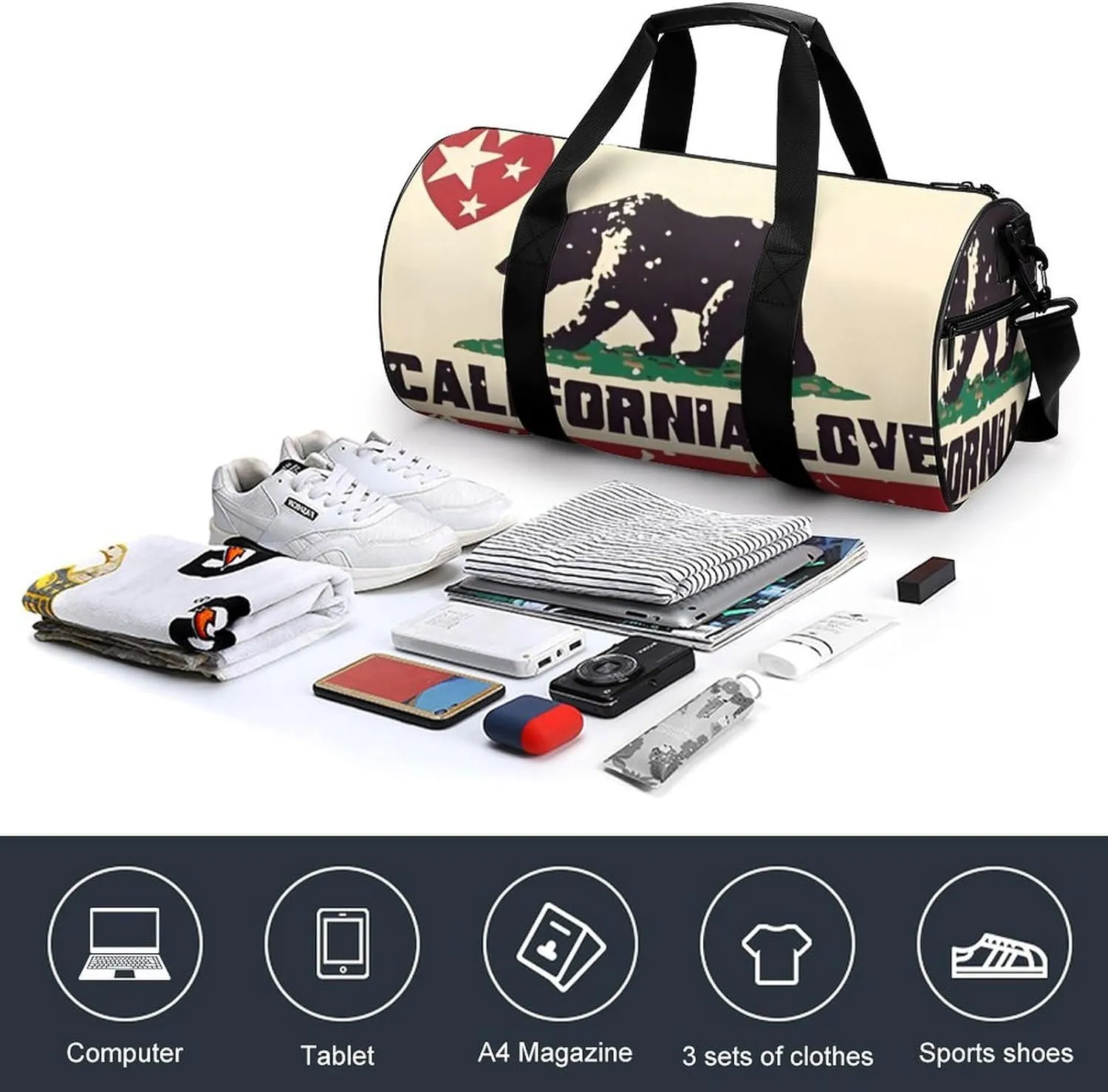 Gym Bag for Men Women Lightweight Sports Duffle Bag with Multiple Compartments Cylindrical Gym Bag for Fitness Travel And Outdoor Activities Ater Resistant Yoga Bag Training Bag California Bear