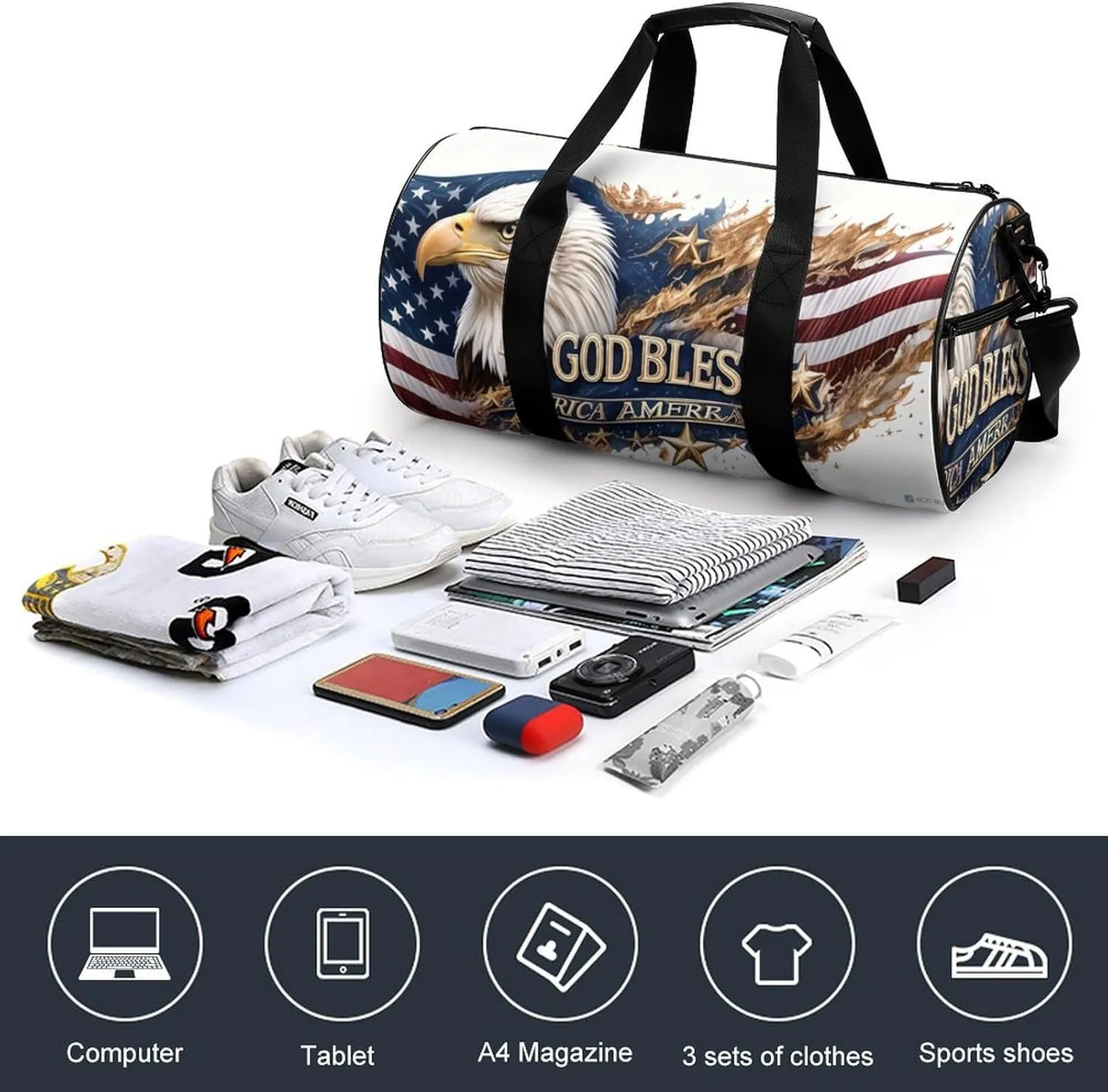 Gym Bag for Men Women Lightweight Sports Duffle Bag with Multiple Compartments Cylindrical Gym Bag for Fitness Travel And Outdoor Activities Ater Resistant Yoga Bag Training Bag Flag Eagle