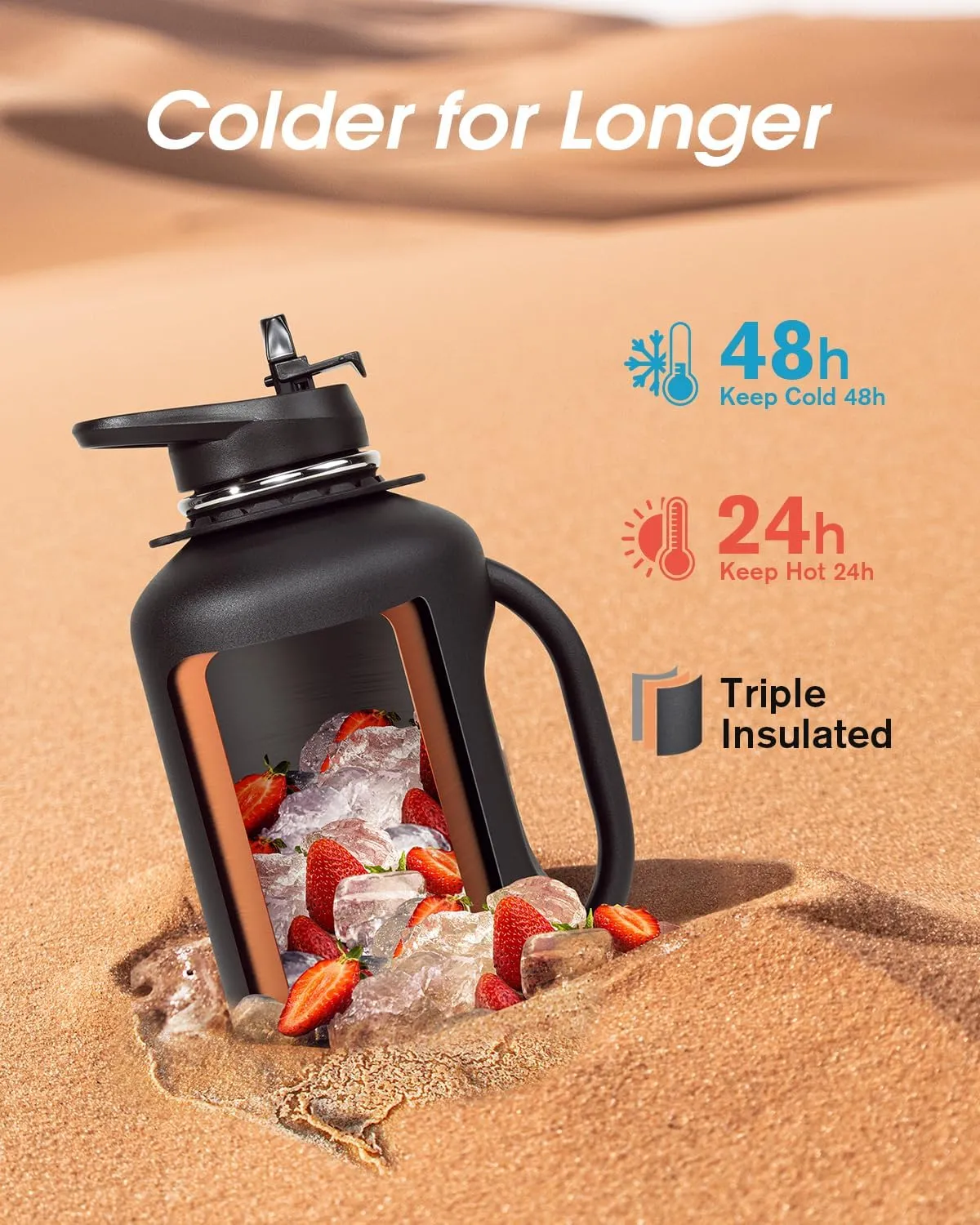 Half Gallon Water Bottle with Handle, Coolflask 64 oz Insulated Stainless Steel Water Jug Metal Double-Walled Vacuum Large Flask With Strap Straw Leakproof, Keep Cold 48 Hrs Hot 24hrs, Magic Black
