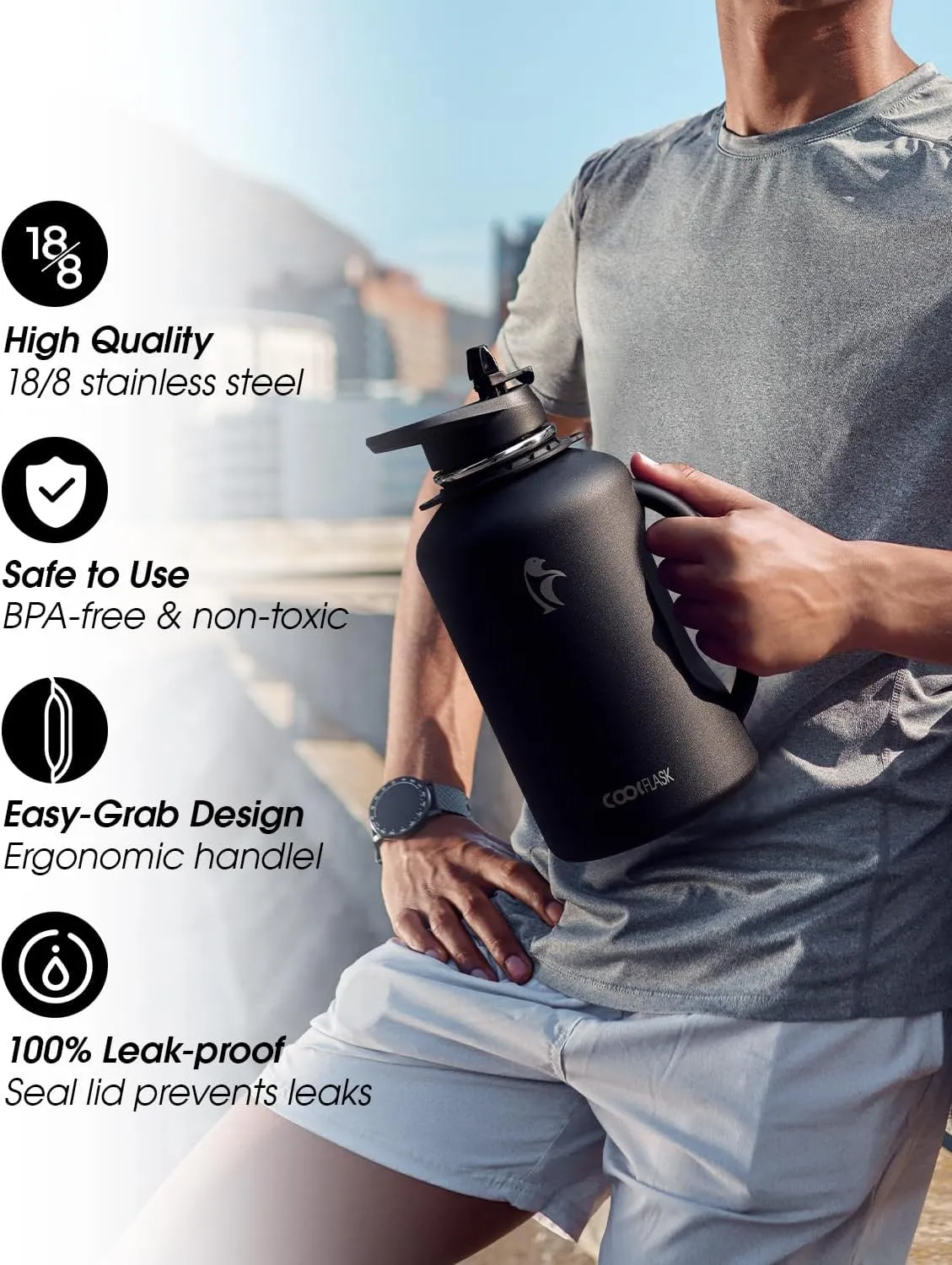 Half Gallon Water Bottle with Handle, Coolflask 64 oz Insulated Stainless Steel Water Jug Metal Double-Walled Vacuum Large Flask With Strap Straw Leakproof, Keep Cold 48 Hrs Hot 24hrs, Magic Black