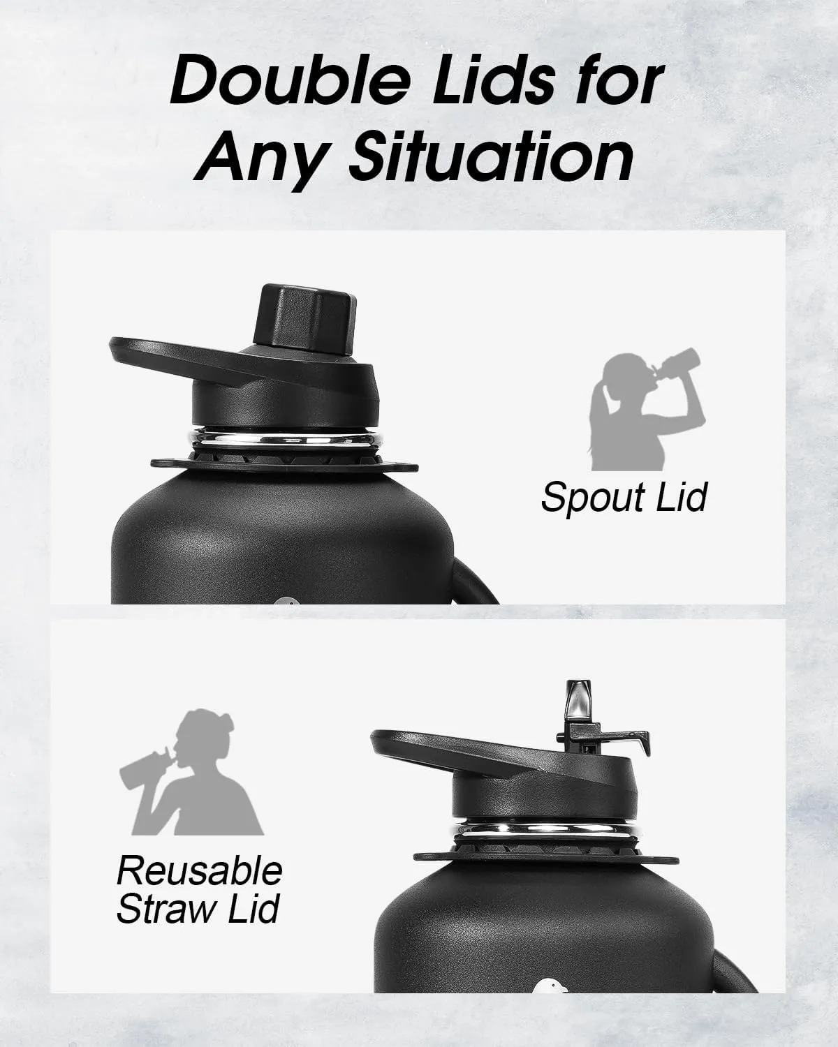 Half Gallon Water Bottle with Handle, Coolflask 64 oz Insulated Stainless Steel Water Jug Metal Double-Walled Vacuum Large Flask With Strap Straw Leakproof, Keep Cold 48 Hrs Hot 24hrs, Magic Black