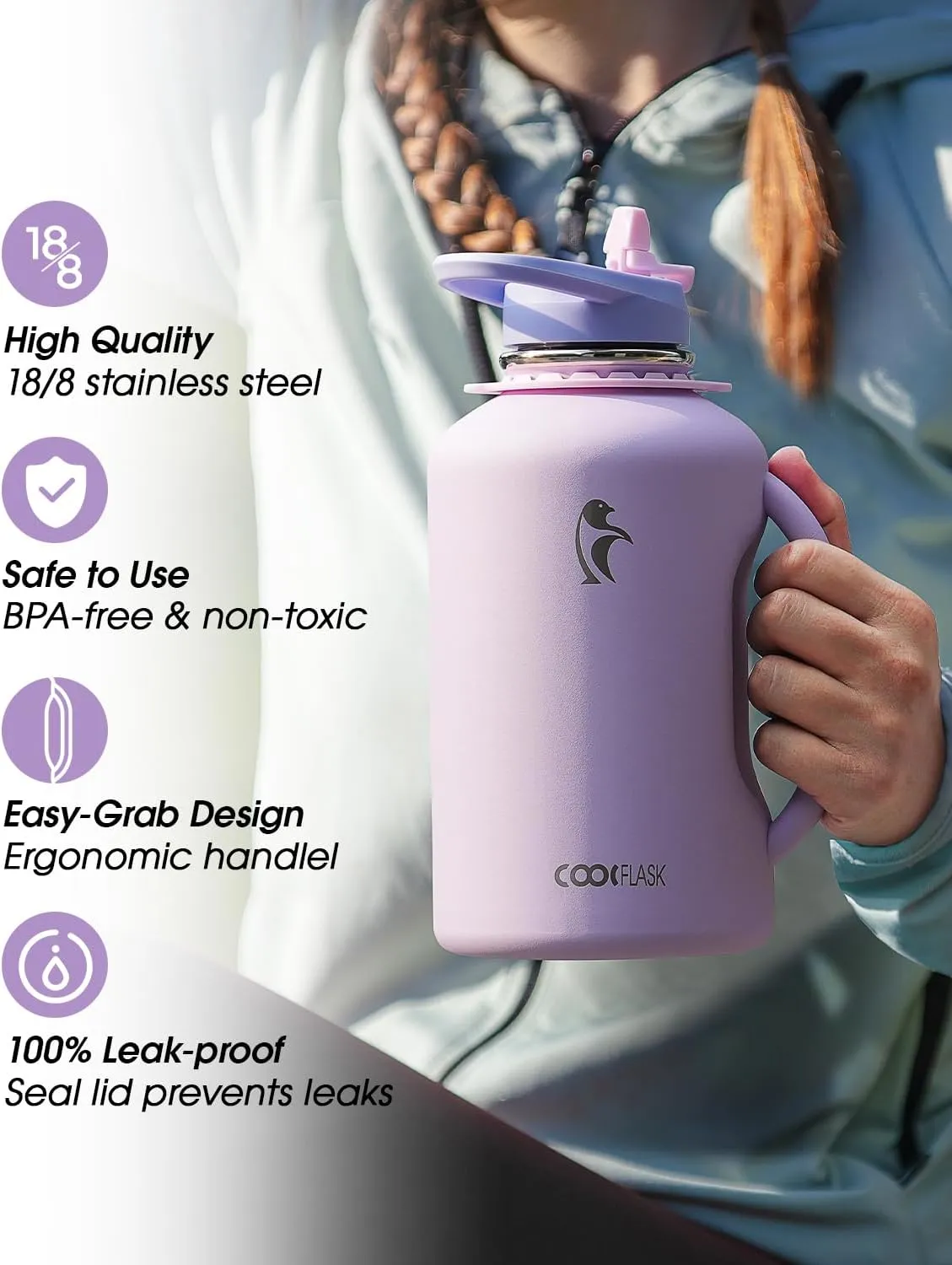Half Gallon Water Bottle with Straw, Coolflask 64 oz Insulated Stainless Steel Water Jug With Handle Metal Double-Walled Vacuum Large Flask With Strap Leakproof, Keep Cold 48 Hrs Hot 24hrs, Lavender